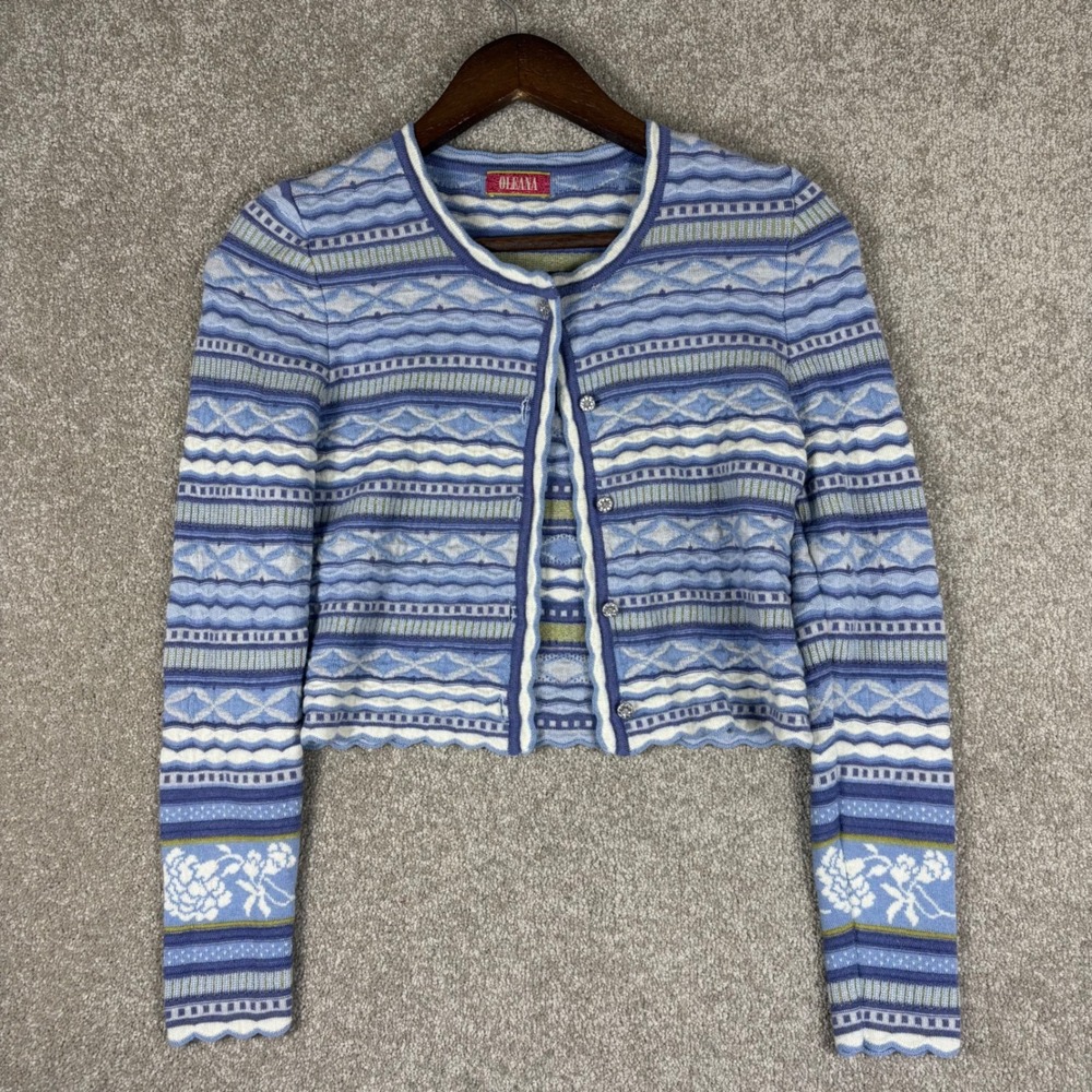 Oleana Norway Blue Fair Isle Floral Cropped Cardigan Sweater Womens Long Sleeve